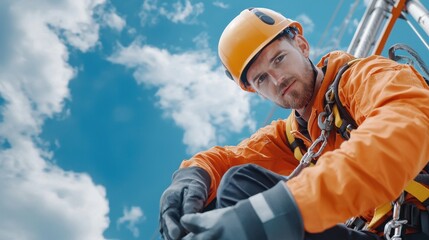 Portrait of a Male Worker in Orange Safety Gear High Above Ground