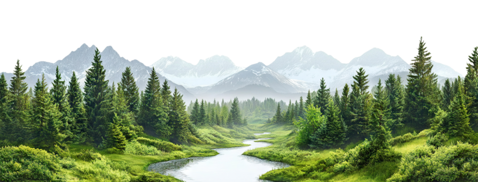 Scenic mountain landscape with lush green forest and river, isolated on transparent cutout background