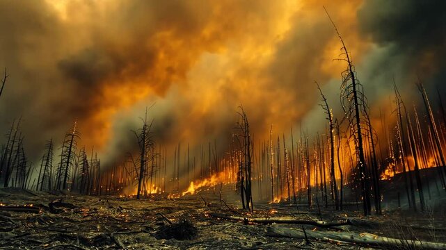 Intense Forest Fire Consuming Trees and Landscape in Dramatic Scene