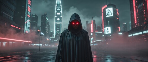 Mysterious Hooded Figure with Glowing Red Eyes in a Cyberpunk Setting.