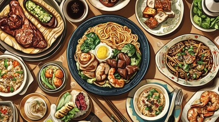 Overhead view of a table laden with diverse Asian dishes, including noodles, meats, and vegetables.