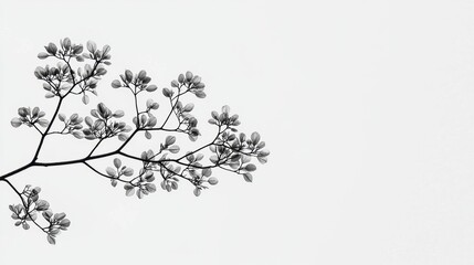 A black and white image of a branch with leaves.