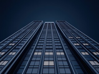 Modern skyscrapers reaching towards a dark night sky with illuminated windows