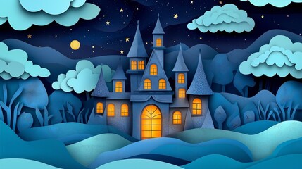 Enchanted castle landscape, paper craft art, warm glowing windows, fluffy layered clouds, night sky with stars, detailed textured paper layers.