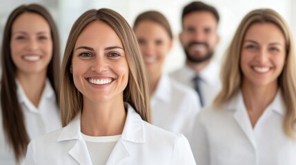 Fototapeta premium Friendly healthcare team, diverse group of smiling professionals in white lab coats, collaborative atmosphere, promoting wellness.