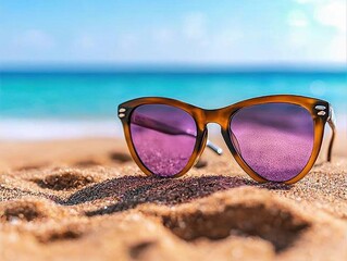 Purple Sunglasses on Sandy Beach near Ocean
