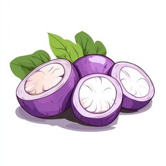 Purple Tropical Fruit Slices with Leaves on White Background