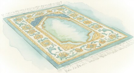 Beautiful watercolor illustration of a prayer rug featuring intricate patterns and cultural designs