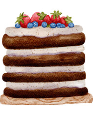 Watercolor Chocolate Layer Cake With berries - Sweet dessert illustration