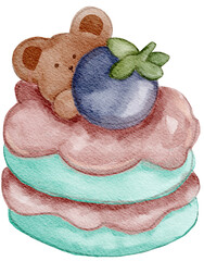 Watercolor Cute Bear Macaron with Blueberry - Hand Painted Whimsical Dessert Illustration