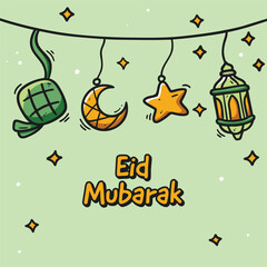 A festive Eid Mubarak doodle illustration featuring ketupat, crescent moon, star, and lantern with a playful hand-drawn style. Perfect for Eid-themed designs, cards, and social media.
