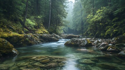 Scenic Mountain River in Dense Forest – A Peaceful Landscape Showcasing a Flowing Creek Surrounded by Towering Trees, Vibrant Moss, and Pristine Wilderness