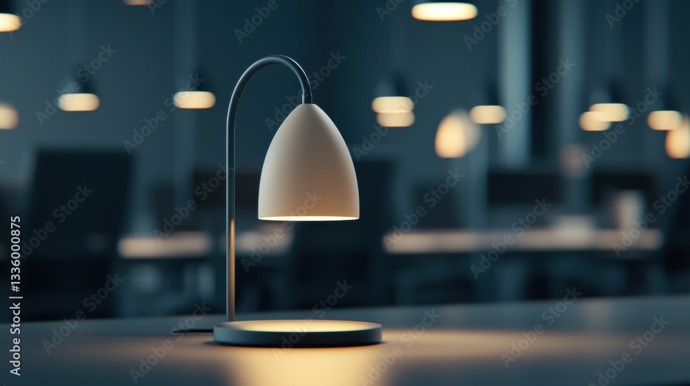 Poster a modern table lamp with a curved arm and a beige shade.