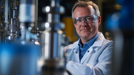 Confident industrial engineer in safety gear, embodying professionalism and workplace safety in a modern industrial setting.
