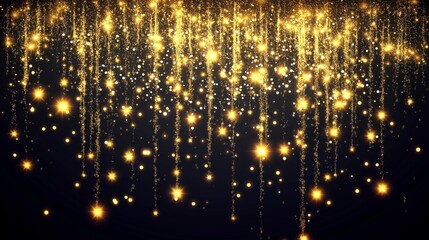 Naklejka premium Glowing golden sparkles cascading elegantly, shimmering particles in motion, dark background contrast.
