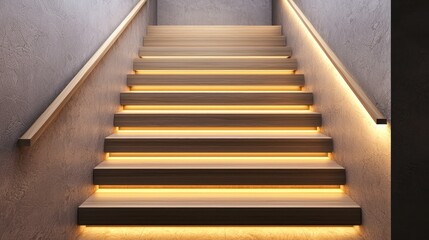Japandi staircase with sleek wooden steps and integrated wall lighting.
