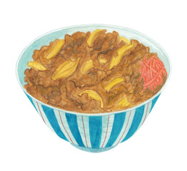 水彩で描いた紅しょうが付きの牛丼のイラスト