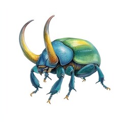 Fototapeta premium A colorful illustration of an ornate horned beetle on white
