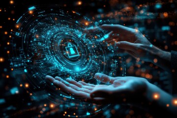 Hands holding digital security lock futuristic technology cybersecurity Background