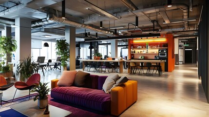 Contemporary coworking interior with banner