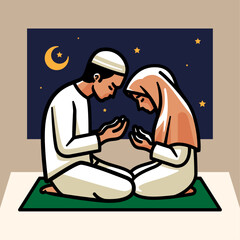 Vector illustration of Muslim man and woman in traditional clothes praying together.