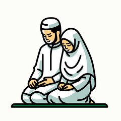 Vector illustration of Muslim man and woman in traditional clothes praying together.