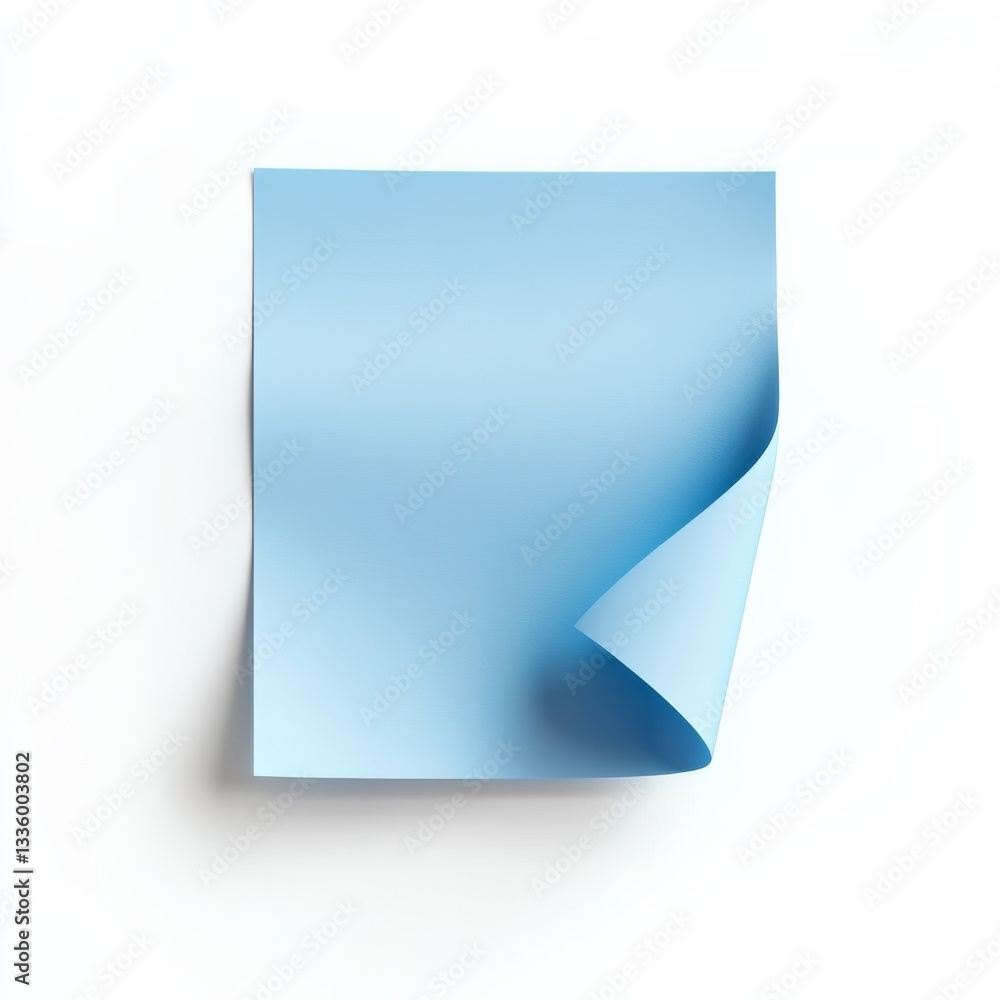 Poster blue sticky note with a curled corner on white background, ready for your message and creative inspi