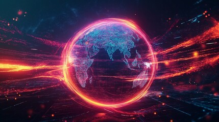 Obraz premium High-tech Earth with pulsating neon colors, fiery energy wrap around the equator, futuristic sci-fi theme.