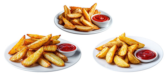 Golden Crispy Potato Wedges with Fresh Herbs and Ketchup Isolated on Transparent Background