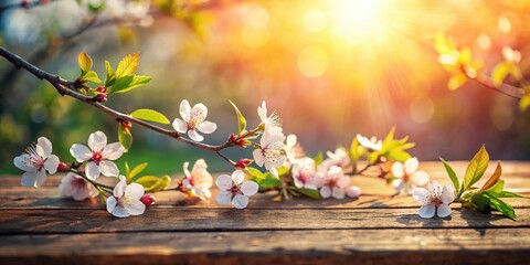 A delicate cherry blossom branch lies across a rustic wooden table, surrounded by vibrant spring foliage and warm sunlight filtering through the leaves, trees with blossoms, spring