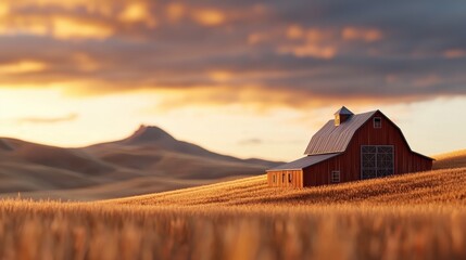 Red Barn in a Golden Wheat Field at Sunset