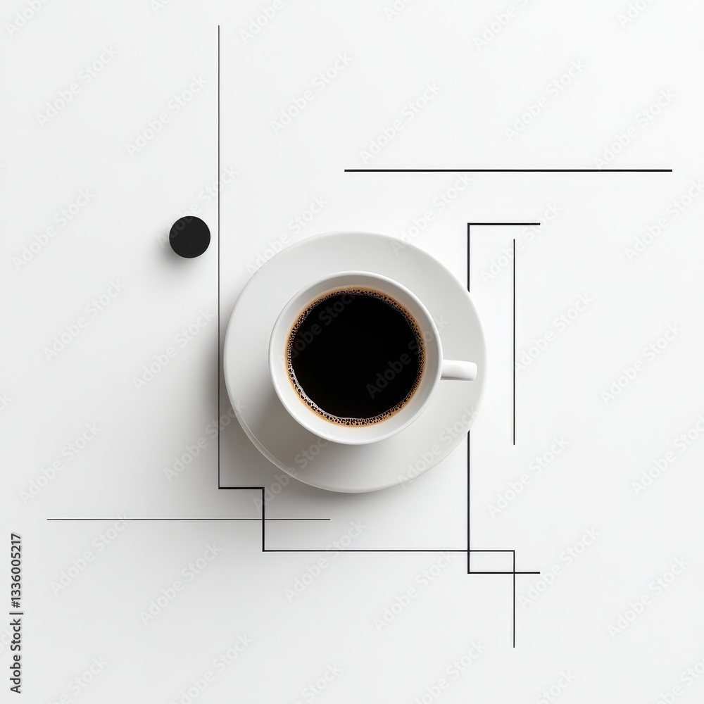 Aufkleber minimalist coffee: a top-down view with abstract black lines and black circle on white background