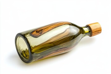 Fototapeta premium Olive oil bottle with wooden accents. A decorative glass bottle, olive green in color, features inlaid wooden strips along its body. The bottle has a wooden stopper