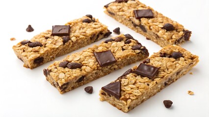 Fototapeta premium Homemade Granola Bars with Oats and Dark Chocolate, Isolated on a White Background, Nutritious Snack Stock Image highlighting a nutritious and satisfying snack option.