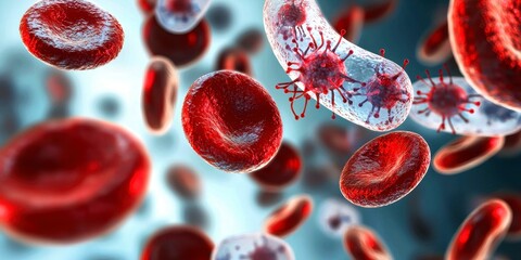 Fototapeta premium Medical Visualization of Red Blood Cells with Viral Infections in a Microscopic View
