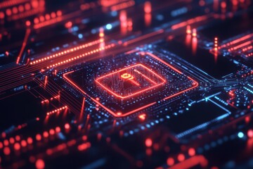 Obraz premium Red glowing circuit board with central processor security lock, Background