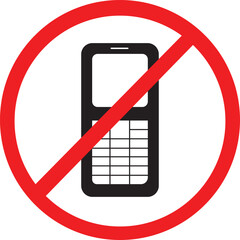 "No cell phone" icon with a red prohibition sign. Perfect for quiet zones, classrooms, and public spaces. Simple, vector design on a light background.