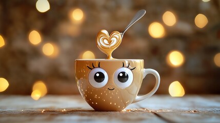 Kawaii espresso cup with glossy big eyes, latte swirl forming a heart, floating spoon, whimsical light reflections.