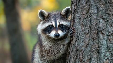 Fototapeta premium Raccoon near tree in autumnal forest. Possible use Nature photography