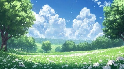 Fototapeta premium Anime background illustrating a beautiful meadow with trees and white flowers, blue sky, and green grass