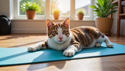 Adorable tabby cat lounging on a blue yoga mat in a peaceful indoor setting