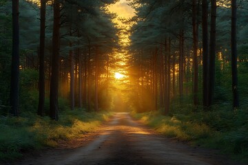 Fototapeta premium Magical Sunset Forest Path Golden Hour Landscape Photography
