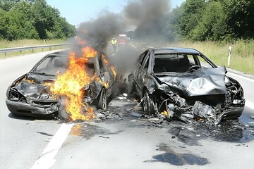 car accident on the road with fire