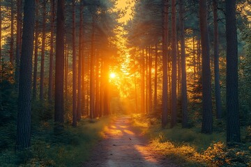 Obraz premium Majestic Sunset Path Through Pine Forest Golden Hour Nature Photography