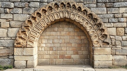 Ancient Stone Archway Featuring Detailed Carvings and Rustic Brickwork Pattern