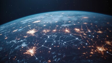 Obraz premium Glowing Earth with abstract network connections, symbolizing global connectivity and unity in a vast universe.