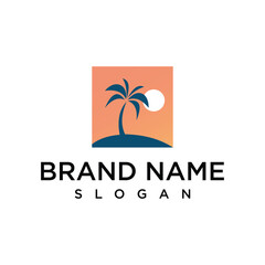 Tropical palm tree logo with a sunset or sunrise. Simple, warm design. Ideal for travel, beach, or vacation brands. Clean vector art.