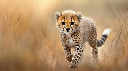 Obraz premium Adorable Baby Cheetah Walking Through Golden Grass in Nature Scene