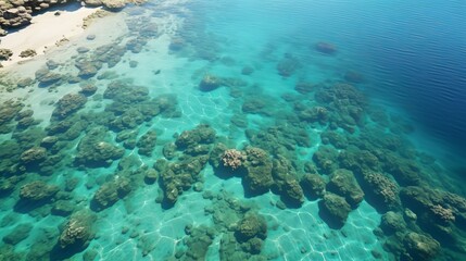 Fototapeta premium Aerial view showcasing vibrant patterns of a coral reef in crystal clear waters and rich colors