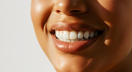Fototapeta premium Smiling Woman Showing Healthy White Teeth with Natural Sunlit Skin